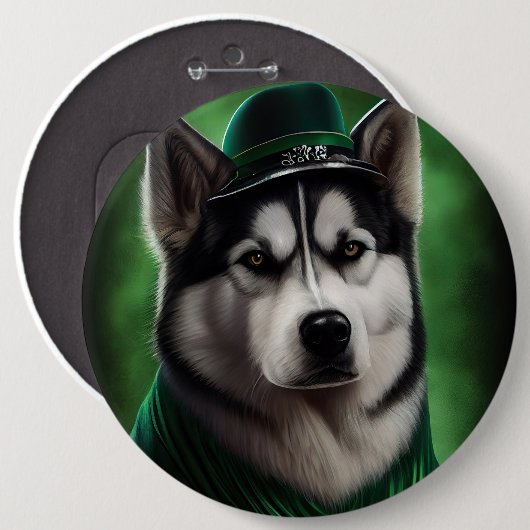 Alaskan Malamute dog in St. Patrick's Day Dress 缶バッジ (正面&裏面)