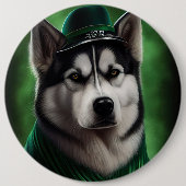 Alaskan Malamute dog in St. Patrick's Day Dress 缶バッジ (正面)