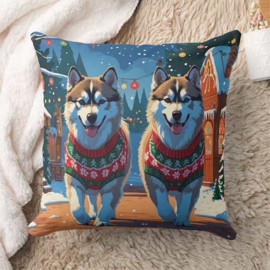 Alaskan Malamute Dogs Christmas Snow Holiday  クッション (ブランケット)