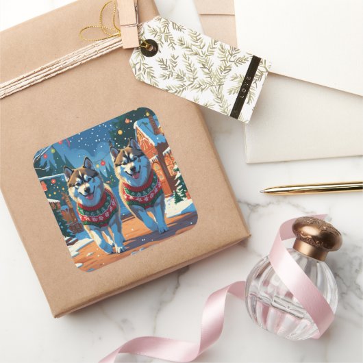 Alaskan Malamute Dogs Christmas Snow Holiday  スクエアシール (ギフト)