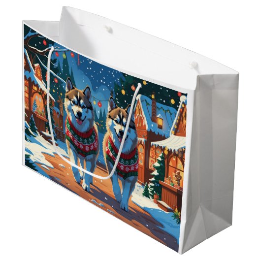 Alaskan Malamute Dogs Christmas Snow Holiday ラージペーパーバッグ (正面アングル)