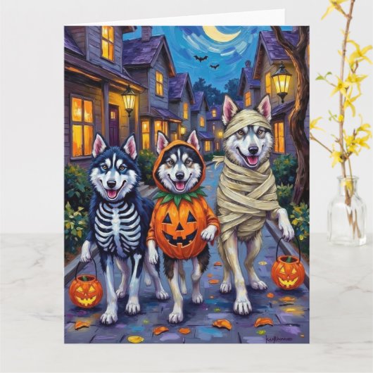 Alaskan Malamute Dogs Trick-or-Treating Halloween  カード (黄色い花)