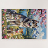 Alaskan Malamute Family Meadow Art ジグソーパズル (横)