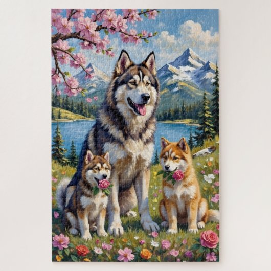 Alaskan Malamute Family Meadow Art ジグソーパズル (縦)