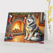 Alaskan Malamute Fireplace with Christmas Lights カード (黄色い花)
