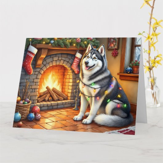 Alaskan Malamute Fireplace with Christmas Lights カード (黄色い花)