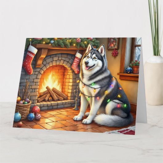 Alaskan Malamute Fireplace with Christmas Lights カード (正面)