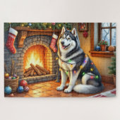 Alaskan Malamute Fireplace with Christmas Lights ジグソーパズル (横)