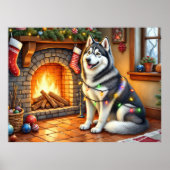 Alaskan Malamute Fireplace with Christmas Lights ポスター (正面)