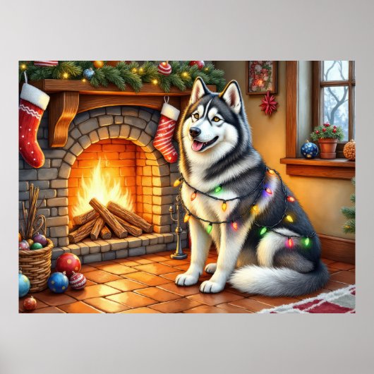 Alaskan Malamute Fireplace with Christmas Lights ポスター (正面)