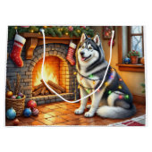 Alaskan Malamute Fireplace with Christmas Lights ラージペーパーバッグ (正面)