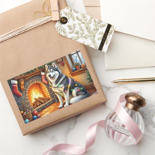 Alaskan Malamute Fireplace with Christmas Lights 長方形シール (ギフト)