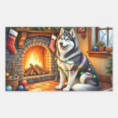 Alaskan Malamute Fireplace with Christmas Lights 長方形シール (正面)
