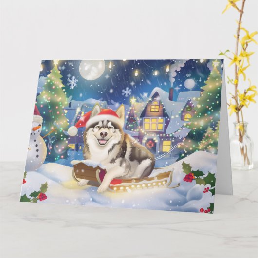 Alaskan Malamute in Say Snow Christmas カード (黄色い花)