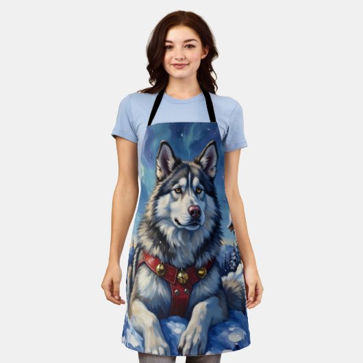 Alaskan Malamute North Pole Winter Christmas エプロン (着用した状態)