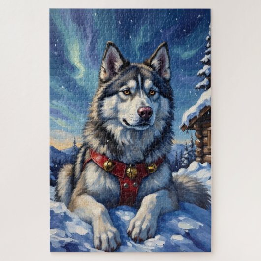 Alaskan Malamute North Pole Winter Christmas ジグソーパズル (縦)