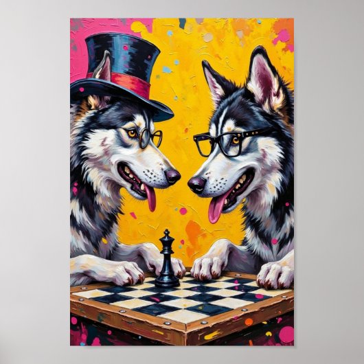 Alaskan Malamute Playing Chess Pop Art ポスター (正面)