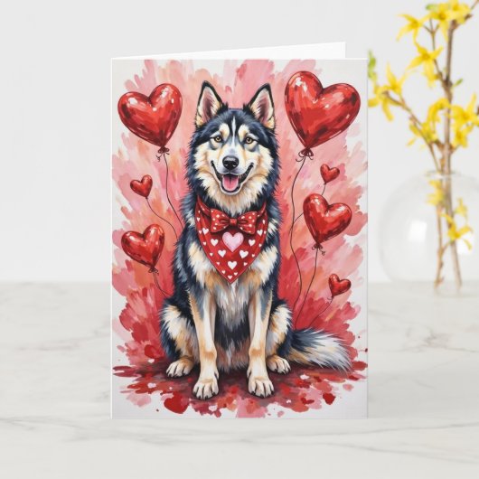 Alaskan Malamute Valentine’s Day Dog with Hearts カード (黄色い花)