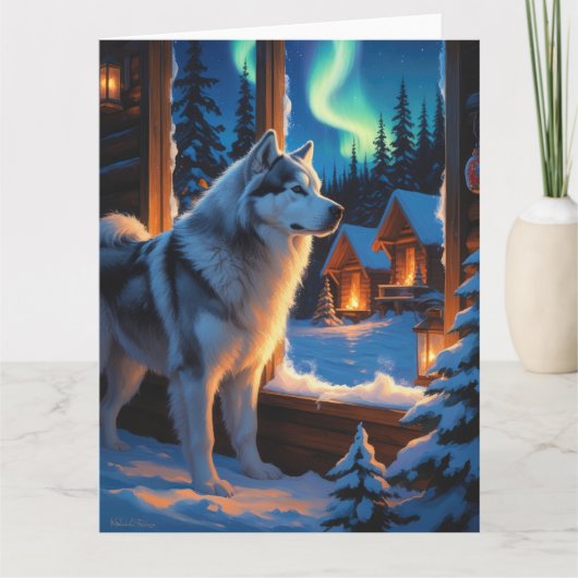 Alaskan Malamute With Christmas Lights Holiday  カード (正面)