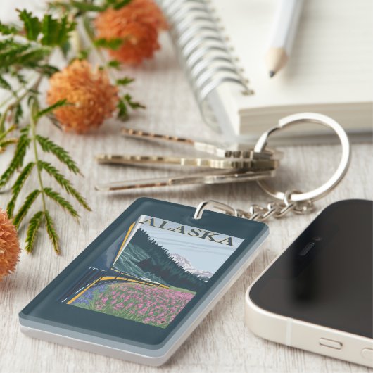 AlaskaRailroadおよびFireweedのヴィンテージ旅行 キーホルダー (正面右)