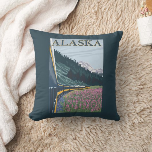 AlaskaRailroadおよびFireweedのヴィンテージ旅行 クッション (ブランケット)