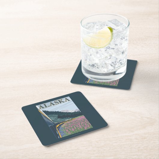 AlaskaRailroadおよびFireweedのヴィンテージ旅行 スクエアペーパーコースター (インサイチュ)