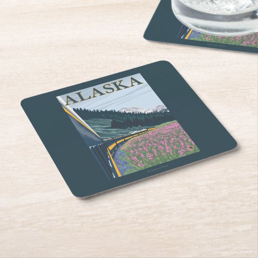 AlaskaRailroadおよびFireweedのヴィンテージ旅行 スクエアペーパーコースター (アングル)