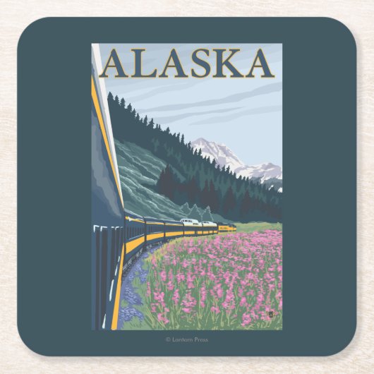 AlaskaRailroadおよびFireweedのヴィンテージ旅行 スクエアペーパーコースター (正面)