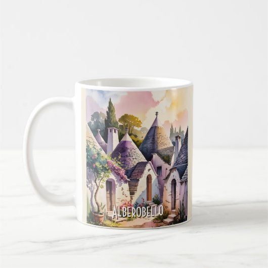 Alberobello Italy Trulli Watercolor Custom Text コーヒーマグカップ (左)