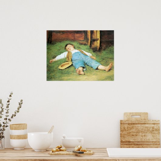 Albert Anker, Schlafender Knabe im Heu ポスター (キッチン)