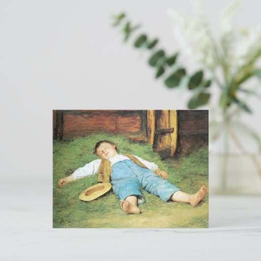 Albert Anker, Schlafender Knabe im Heu ポストカード (スタンド正面)