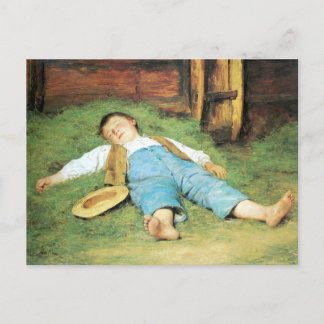 Albert Anker, Schlafender Knabe im Heu ポストカード