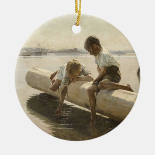 Albert Edelfelt - Two Boys on a Log セラミックオーナメント (正面)