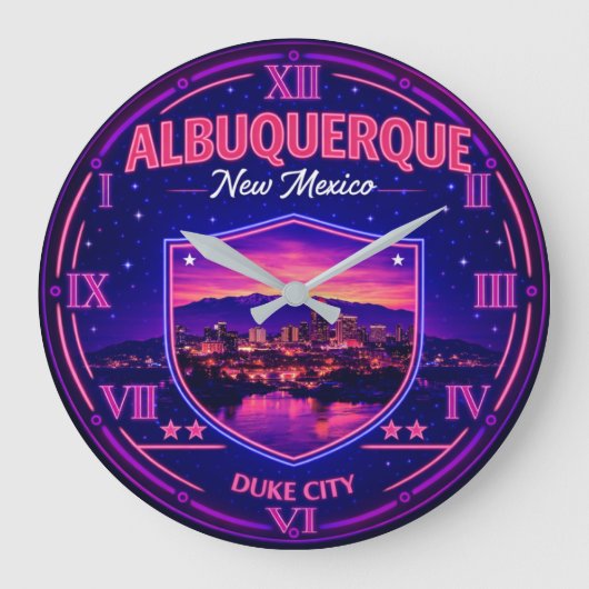 Albuquerque New Mexico Neon Skyline Duke City  ラージ壁時計 (正面)