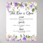 Alcohol, Cocktail Drinks Bar Editable Wedding Sign ポスター<br><div class="desc">Drink menu for your wedding.  This rustic purple floral design lets your guests know what's available. You can easily edit the categories and drinks available.</div>