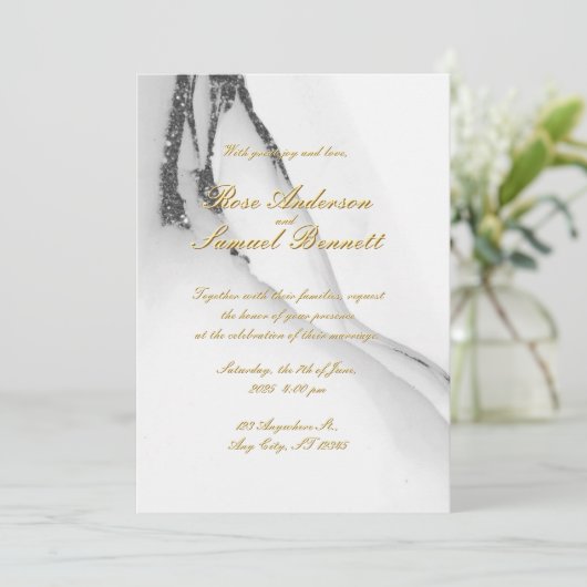 Alcohol Ink Black White Glitter Wedding Invitation 招待状 (スタンド正面)