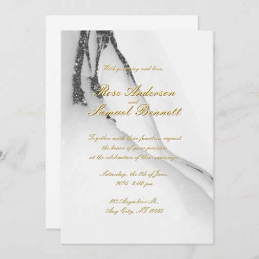 Alcohol Ink Black White Glitter Wedding Invitation 招待状 (正面/裏面)