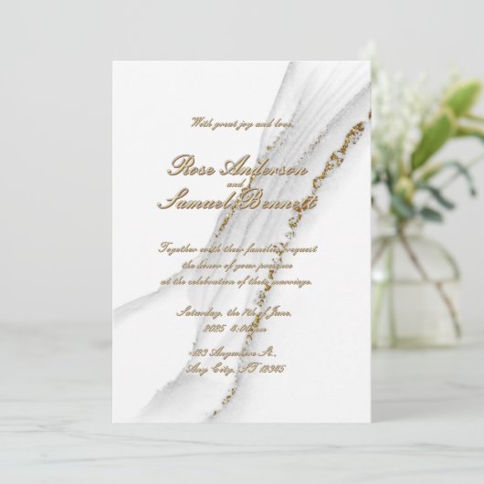 Alcohol Ink White Glitter Wedding Invitation 招待状 (スタンド正面)