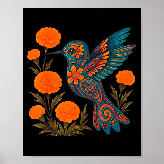 Alebrije Hummingbird Flower Mexican Folk Art Bird  ポスター (正面)
