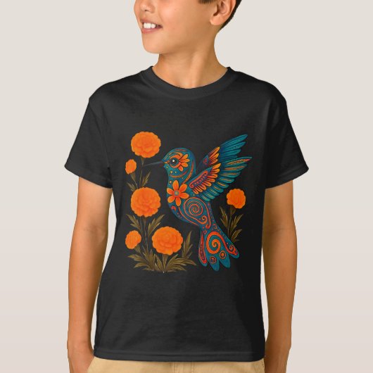 Alebrije Hummingbird Flower Mexican Folk Art Bird  Tシャツ (正面)