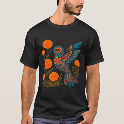 Alebrije Hummingbird Flower Mexican Folk Art Bird  Tシャツ (正面)