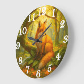 Alert fox in sunlit woodland ラージ壁時計 (傾斜)