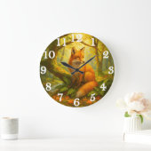 Alert fox in sunlit woodland ラージ壁時計 (ホーム)