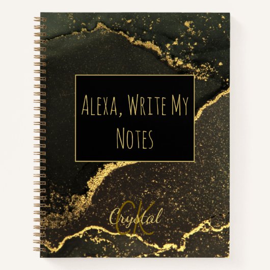 Alexa Write My Notes 黒とゴールドのモノグラム ノートブック (正面)