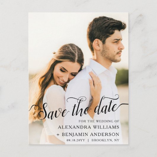 Alexandra エレガント Black Script Photo Save the Date 案内ポストカード (正面)