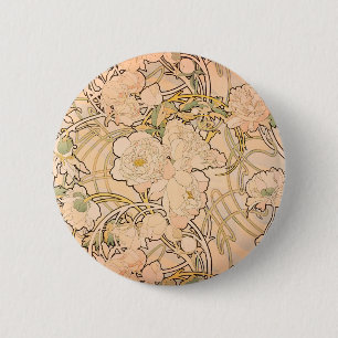 Alfonse Mucha Art Nouveau Peonies 缶バッジ