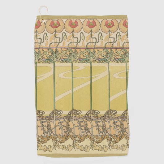 Alfonse Mucha Poppies Art Nouveau Floral Wallpaper ゴルフタオル (正面)