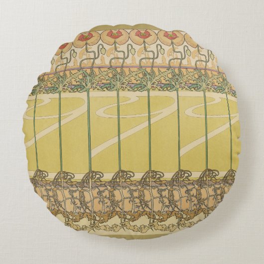 Alfonse Mucha Poppies Art Nouveau Floral Wallpaper ラウンドクッション (正面)