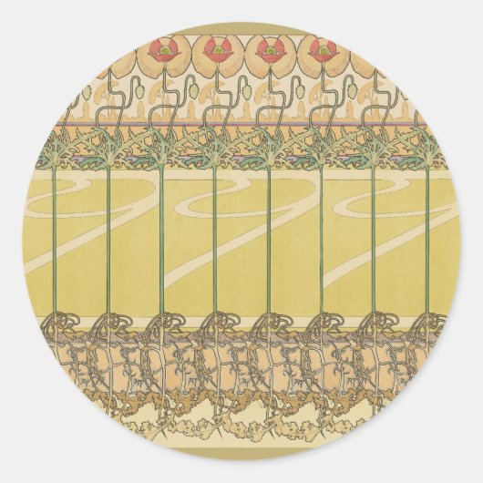 Alfonse Mucha Poppies Art Nouveau Floral Wallpaper ラウンドシール (正面)