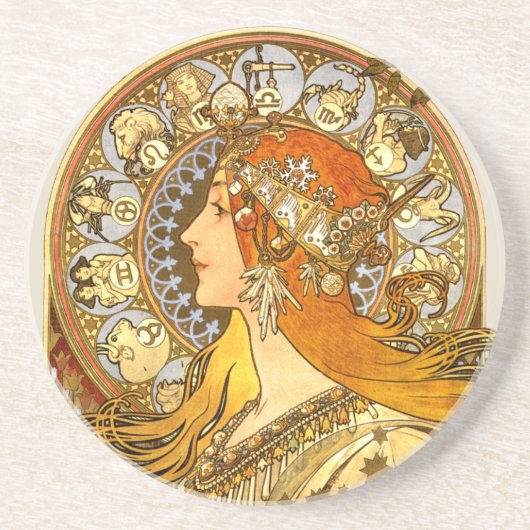 Alfonse Mucha Zodiac Art Nouveau Woman コースター (正面)